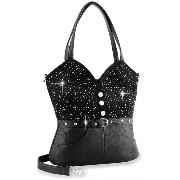 Corset Design Rhinestone Black Leather Pants Handbag Purse - Picture 1 of 10